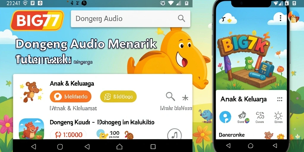 Tampilan antarmuka aplikasi BIG77 dengan berbagai pilihan dongeng audio.
