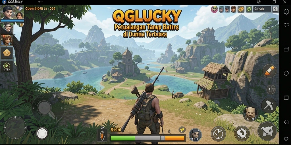 Screenshot QGLUCKY menunjukkan pemain menjelajahi dunia yang indah dan interaktif.